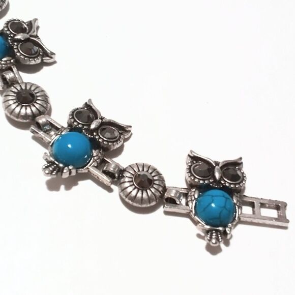 Vintage Silver Tone Owl Bracelet Faux Turquoise and Black Rhinestone - Picture 3 of 5